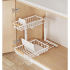 Steel cabinet organizer with raised shelf guardrails