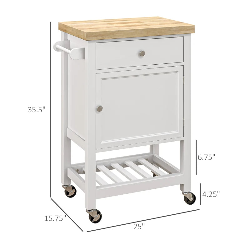 Rolling kitchen island cart with rubberwood top and storage